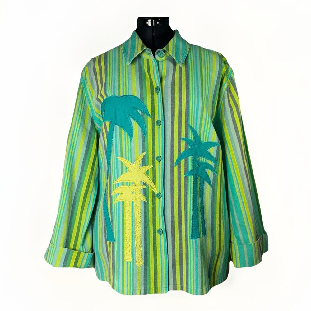 HEARTS OF PALM 16 Cotton Green Blue Stripe Button Shirt Embroidered Trees Pocket